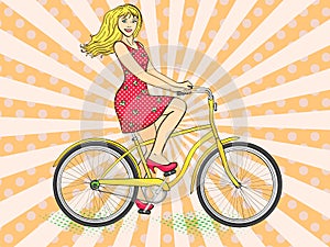 Pop art background with sun rays. Young beauty woman ride bicycle retro vector. Comic book style imitation.