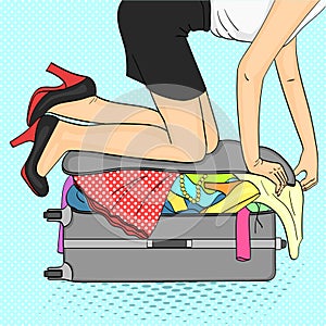 Pop art background.Tema travel and female gathering. Things that do not fit into the suitcase. Vector photo