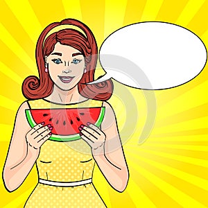 Pop art background text bubble. Retro young girl eating watermelon. Proper nutrition. imitation comics style. Raster