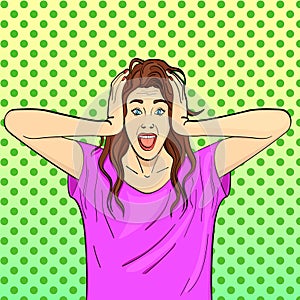 Pop art background. Young girl, brunette screams, holds herself by the head. Psychological disease, hysterics. Comic