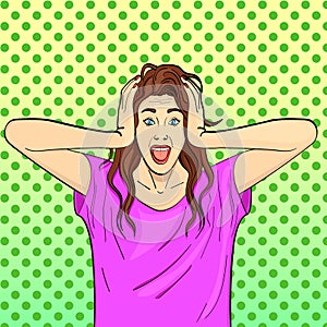 Pop art background. Young girl, brunette screams, holds herself by the head. Psychological disease, hysterics. Comic photo