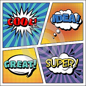 Pop Art Banner. Comics Style. Expressions Set. Bubbles Set