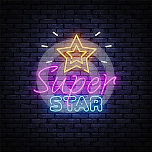 Pop art banner with super star neon on light background. Vector illustration design. Symbol, logo illustration. Super