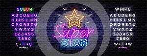 Pop art banner with super star neon on light background. Vector illustration design. Symbol, logo illustration. Super