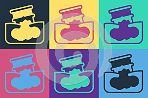 Pop art Barrel oil leak icon isolated on color background. Vector