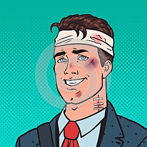 Pop Art Beaten Positive Businessman. Man Bruised Injured