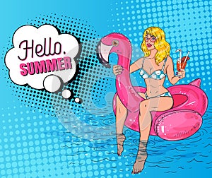 Pop Art Beautiful Blonde Woman Swimming in the Pool at the Pink Flamingo Mattress. Glamorous Girl in Bikini on Vacation