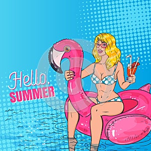 Pop Art Beautiful Blonde Woman Swimming in the Pool at the Pink Flamingo Mattress. Glamorous Girl in Bikini on Vacation