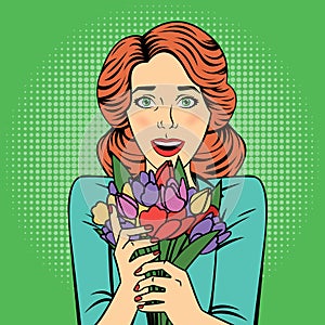 Pop art Beautiful Woman with Bunch of Flowers