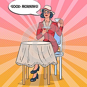 Pop Art Beautiful Woman Drinking Morning Tea in Cafe. Coffee Break