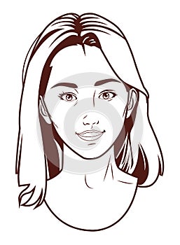 Pop art beautiful woman face smiling cartoon in black and white