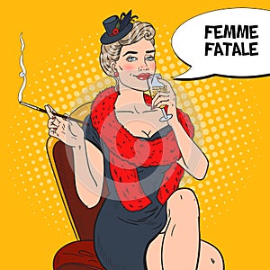 Pop Art Beautiful Woman in Fur with Glass of Champagne. Femme fatale. Retro illustration