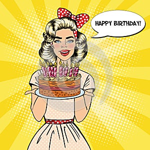 Pop Art Beautiful Woman Holding a Plate with Happy Birthday Cake with Candles