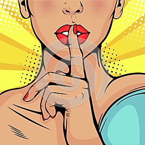 Pop art beautiful woman put her finger to her lips, calling for silence photo