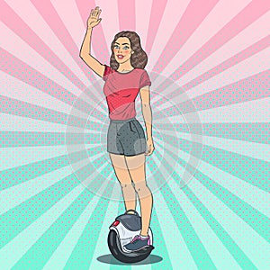 Pop Art Beautiful Woman Riding Solowheel. Urban Electric Transport