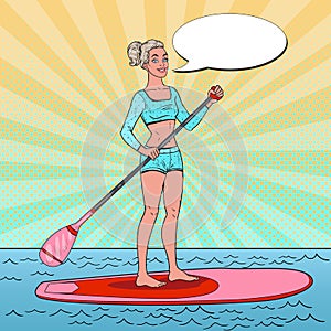 Pop Art Beautiful Woman on the Stand Up Paddle Board. Girl in Swimsuit on SUP