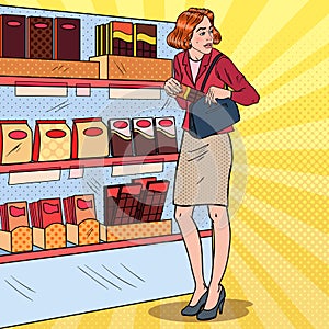 Pop Art Beautiful Woman Stealing Food in Supermarket. Shoplifting Kleptomania Concept