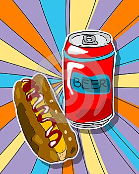 Pop art beer and hot dog