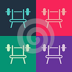 Pop art Bench with barbell icon isolated on color background. Gym equipment. Bodybuilding, powerlifting, fitness concept