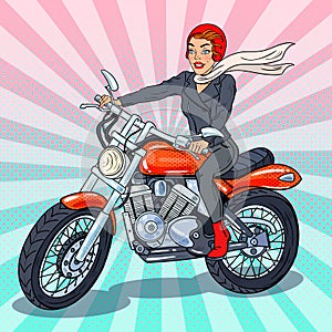 Pop Art Biker Woman in Helmet Riding a Motorcycle