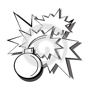 Pop art black and white detonation of a bomb with sparks and flashes from explosions. Cartoon comic book illustration