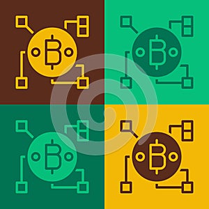 Pop art Blockchain technology Bitcoin icon isolated on color background. Abstract geometric block chain network
