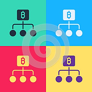 Pop art Blockchain technology Bitcoin icon isolated on color background. Abstract geometric block chain network