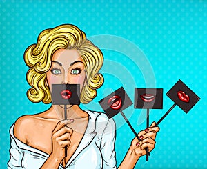 Pop art blond girl covering her mouth with black sign on stick with red lips.