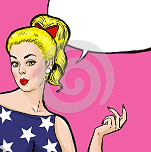 Pop Art blond girl with snapping hand with speech bubble,.Pop Art girl. Party invitation. Birthday greeting card.