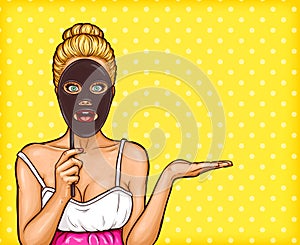 Pop art blond woman holding a mask in her hand imitating a cosmetology face mask