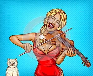 pop art blonde girl in red lingerie playing violin, singing song with white cat. Pin up concept with woman