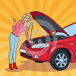 Pop Art Blonde Woman with Broken Car. Engine Breakdown