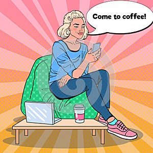 Pop Art Blonde Woman with Coffee and Smartphone in a Cafe