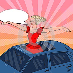 Pop Art Blonde Woman Standing in a Car Sunroof with Arms Wide Open