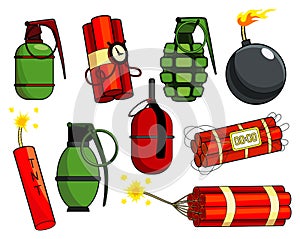 Pop art bombs collection in comic retro style. Terrorism is a danger of destruction. Set of cartoon burning dynamite