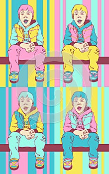 Pop art boy. Cool little dude. The child is sitting on the crossbar. Colorful background in pop art retro comic style