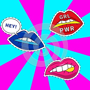 Pop art. Bright female lips, abstract card or poster, girl poser and hey text, trendy girl face part, sexy smile, comic