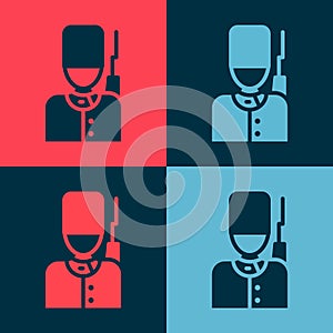 Pop art British guardsman with bearskin hat marching icon isolated on color background. Vector