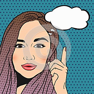 Pop art brunette woman thinking and pointing upwords on thought cloud for your message. Rertro wise woman in comic style, vector