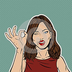 Pop Art Brunette Woman Winking with OK Gesture