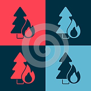 Pop art Burning forest trees in fire flames icon isolated on color background. Natural disaster concept. Vector