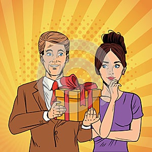 Pop art business couple with present cartoon