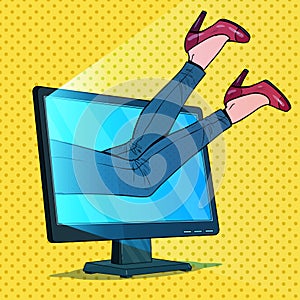 Pop Art Business Woman Absorbed by Computer. Woman Inside Monitor. Internet Addiction