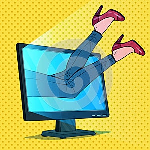 Pop Art Business Woman Absorbed by Computer. Woman Inside Monitor. Internet Addiction photo