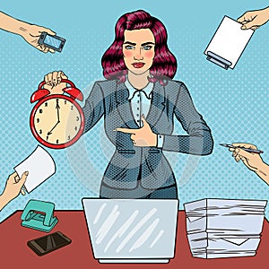 Pop Art Business Woman Holding Alarm Clock