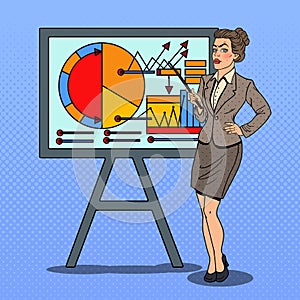 Pop Art Business Woman with Pointer Stick Presenting Business Chart