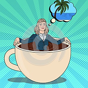 Pop Art Business Woman Relaxing in Coffee Cup and Dreaming about Tropical Vacation. Work Break