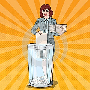 Pop Art Business Woman Utilises Paper Documents in Shredder
