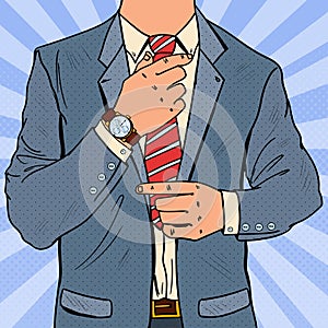 Pop Art Businessman Adjusting Tie. Male Business Fashion Style