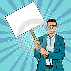 Pop art businessman with blank banner on wooden stick.